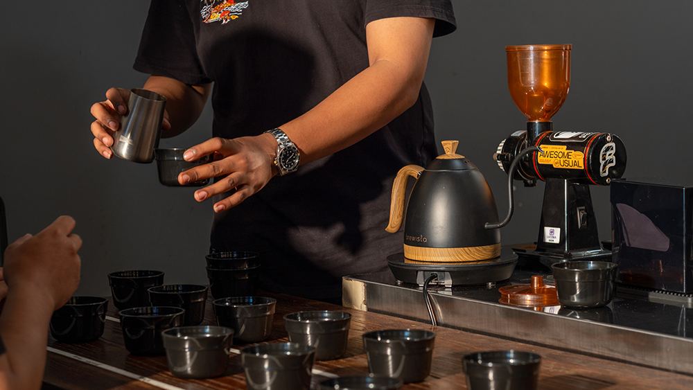 Magelang cupping and brewing counter with kettle and cupping bowls