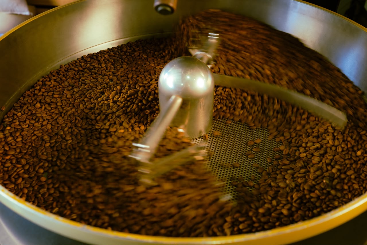 Freshly roasted beans turning in the Giesen W6A cooling tray